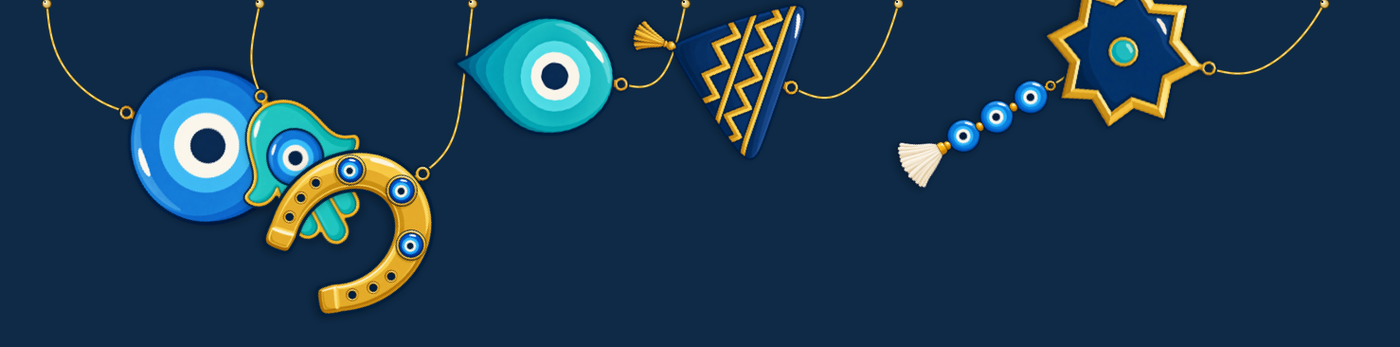 A row of charms hanging on gold cords just below the Mac menu bar: an evil eye bead, a hamsa, a horseshoe, a crescent moon, a sun medallion, a tea glass, a simit and a pomegranate.
